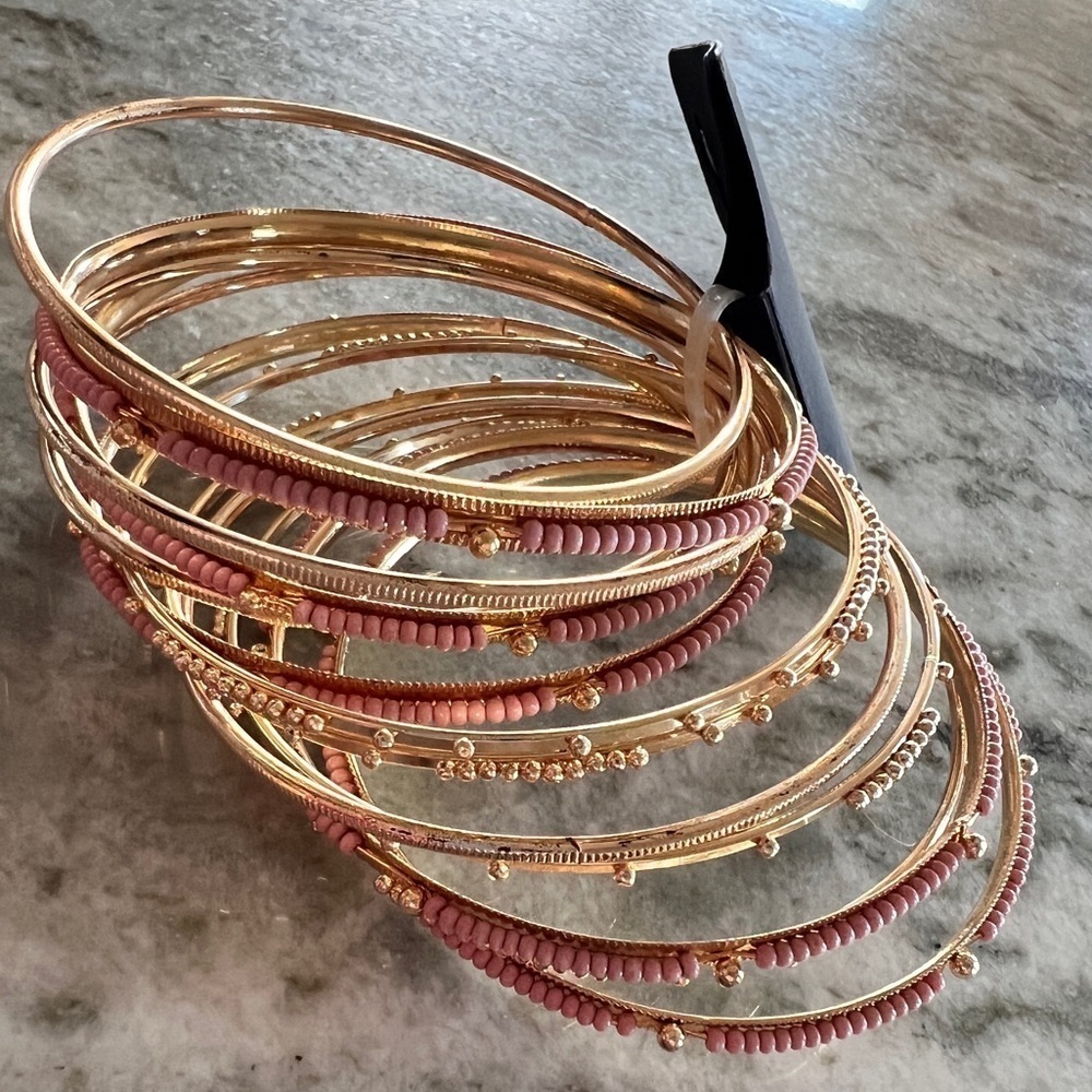 nOir Jewelry Boho Light  Pink and Gold Bangle Set of Bangles Round Bead Accents